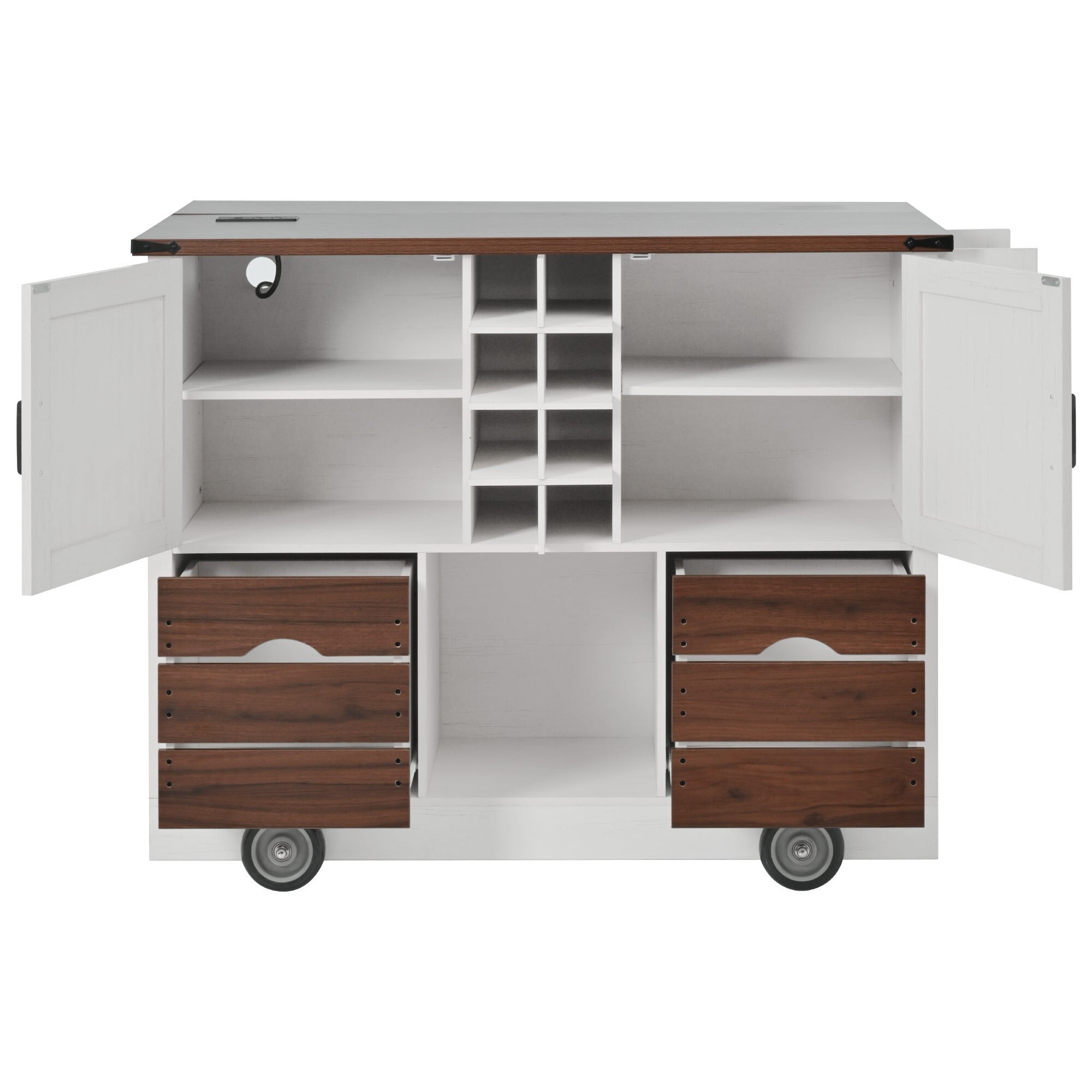 DEALTOPS Farmhouse Mobile Kitchen Island with Outlets | Foldable Tabletop, Drawers, Wine Rack | White with Rustic Brown