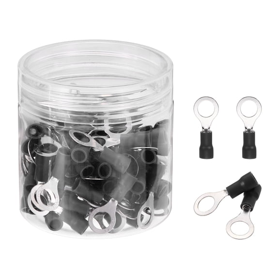 Uxcell 100Pcs Insulated Ring Terminal RV1.25-6 Battery Lugs 22-16AWG Electrical Crimp Terminals Eyelet Wire Connectors for Industrial, Electrical Wiring, Black