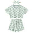 thumbnail image 2 of CARETOO Toddler Girl Clothes Outfits Casual Summer Plaid Shirt Shorts Headband Cotton Fabric 3pcs, 2 of 9