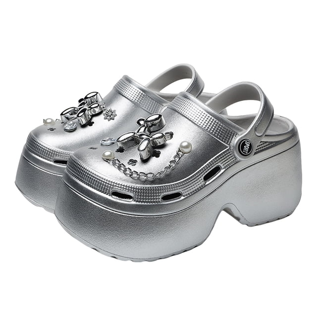 Fldy Sabots à Plateforme pour Femmes Sabot à Plateforme Haute Classique Jardin Extérieur Plage Sabots Chaussures Argent 37/38