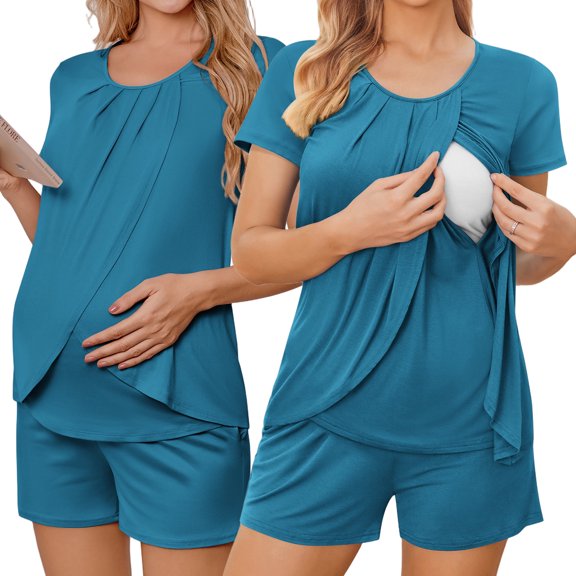 Avidlove Women Maternity Nursing Pajama Set Breastfeeding Sleepwear Set Double Layer Short Sleeve Top and Shorts Set Pregnancy Pjs Set