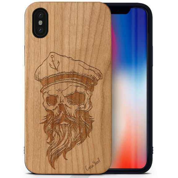 Case Yard Wooden Case Outside Soft TPU Silicone, Slim Fit Shockproof Wood Protective Phone Cover for Girls Boys Men and Women, Supports Wireless Charging Sailor Skull Design case for iPhone-X