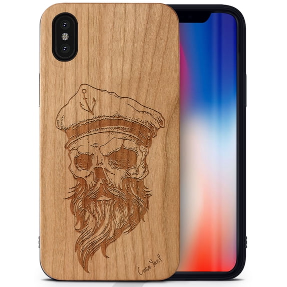 Case Yard Wooden Case Outside Soft TPU Silicone, Slim Fit Shockproof Wood Protective Phone Cover for Girls Boys Men and Women, Supports Wireless Charging Sailor Skull Design case for iPhone-XS-Max