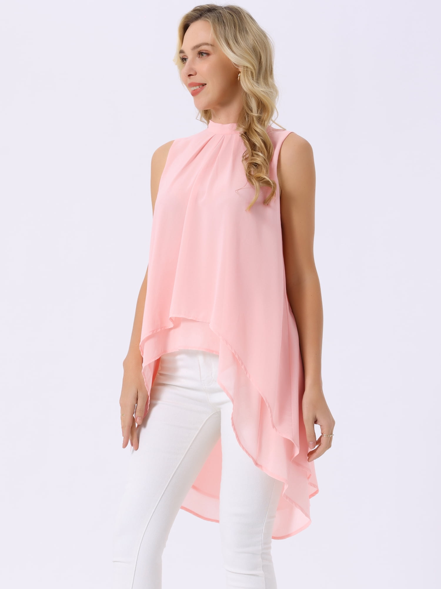 DARING DIVA Women's Tie Back High Low Hem Sleeveless Mock Neck Blouses L Pink