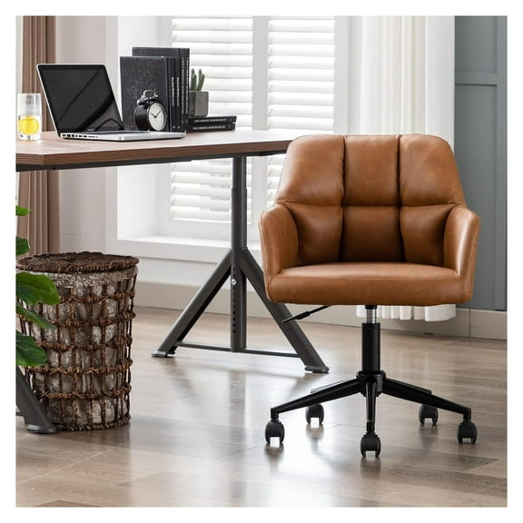 Modern PU Leather Office Desk Chair with Armrest, Height Adjustable Wide Seat Computer Task Chair for Home Office, Back Accent Chair, Brown
