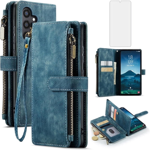 Asuwish Kickstand Hard Shell Wallet Cell Phone Case with Tempered Glass Screen Protector for Samsung Galaxy S24 FE, Blue