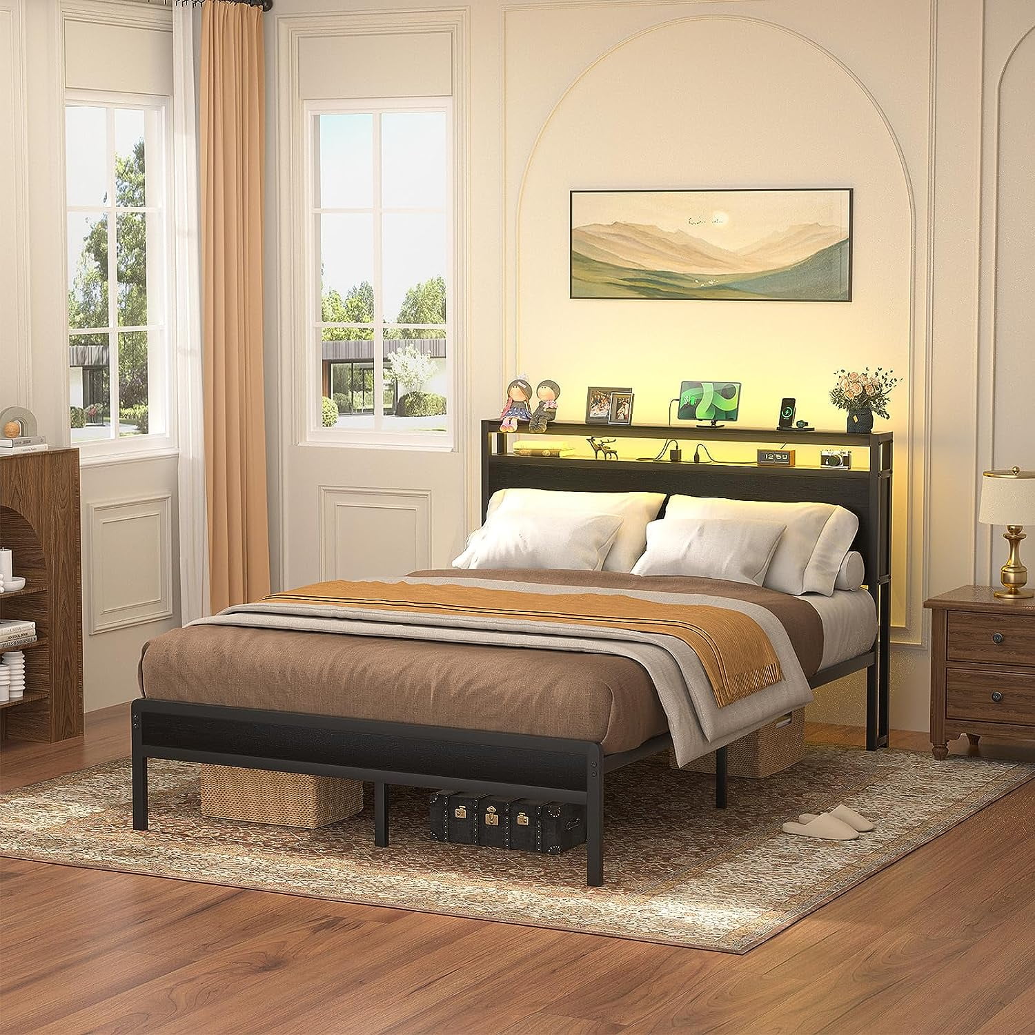 Homieasy Full Size Bed Frame with Charging Station and LED Strips, Industrial Platform Bed with Headboard and Storage, Steel Slat Support, No Box Spring Needed, Noise-Free, Easy Assembly, Black