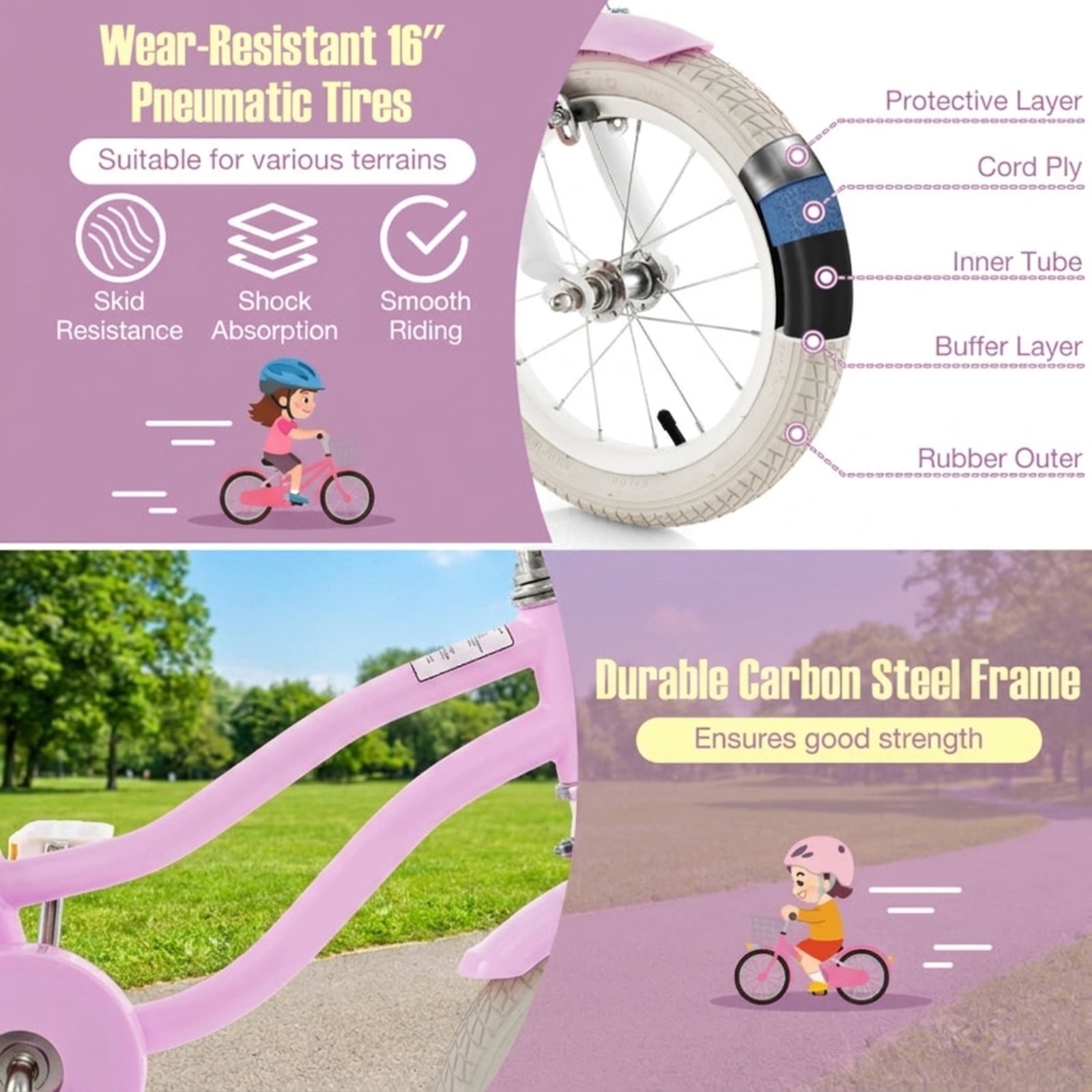 Redsmile 16 Inch Kids Bike for Boys Girls Ages 4-7, Youth Bicycle with Front Handbrake and 2 Removable Training Wheels, Adjustable Seat Carbon Steel Kids Bicycle, Purple