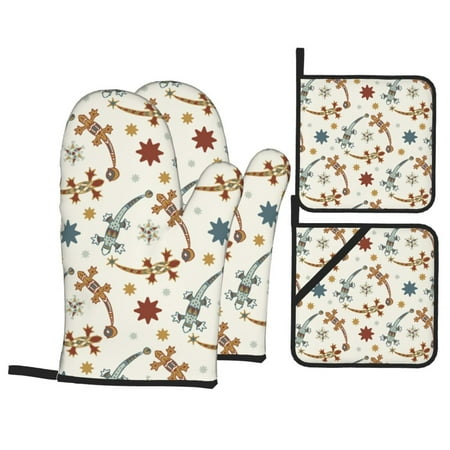 

Oven Mitts and Pot Holders 4 pcs Set Geometric Lizard Gecko Colorful Heat Resistant Silicone Oven Mitts Pot Holders for Kitchen Baking Cooking Non-Slip Oven Gloves Hot Pads Potholders