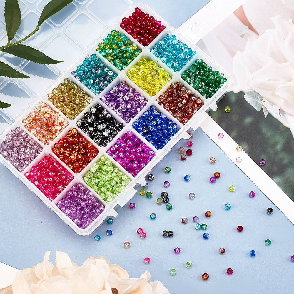 18 Color 4mm Round Glass Beads Round Beads with Scissors Elastic Thread and Beading Needles for Beading Friendship Bracelet Jewelry Making Christmas Tree Ornament DIY