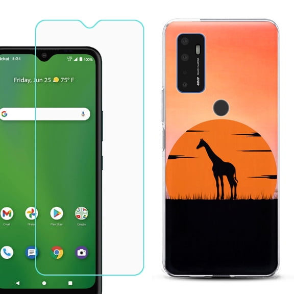 Shockproof Bumper Phone Case for AT&T Radiant Max 5G / Fusion 5G, with Tempered Glass Screen Protector, by OneToughShield ® - Sunset Giraffe