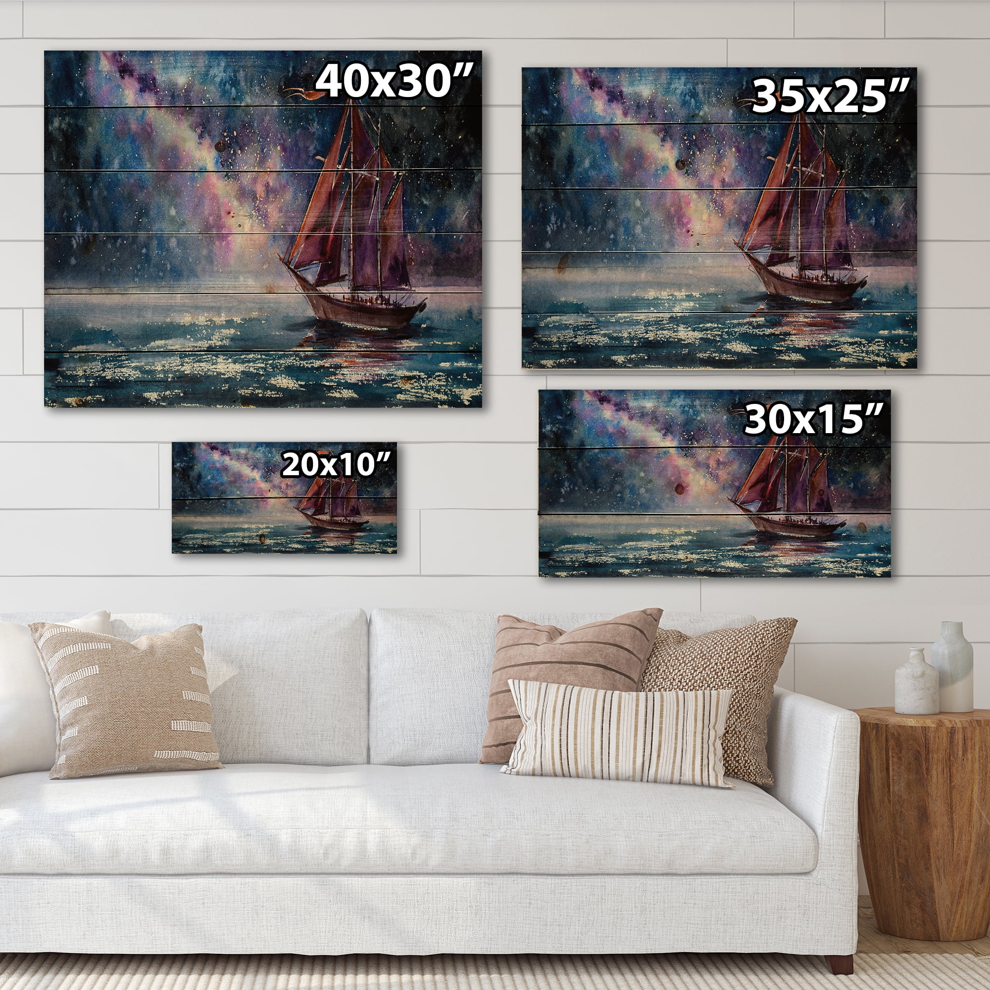 Designart 'Red Sails & Bright Night Sky With Wooden Sailboat' Nautical & Coastal Print on Natural Pine Wood