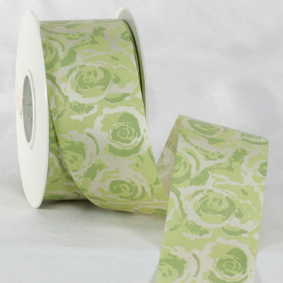 The Ribbon People Green and Cream White Floral Ribbon 1.5" x 27 Yards