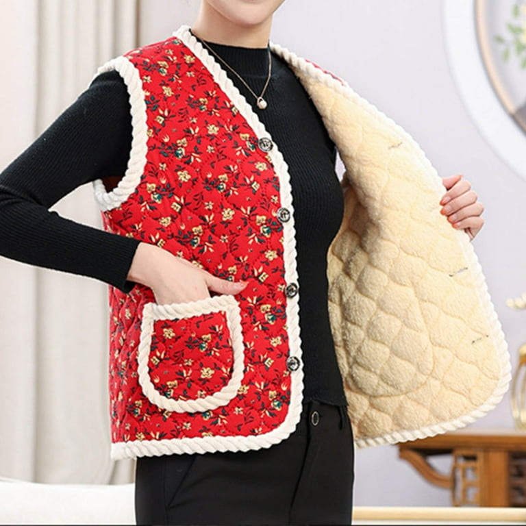 Oplxuo Women's Fuzzy Sherpa Quilted Vest Floral Print Button Oplxuo Women's Fuzzy Sherpa Quilted Vest Floral Print Button