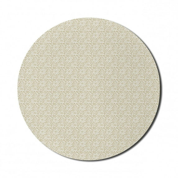 Floral Mouse Pad for Computers, Silhouettes of Blooming Flowers in Monochrome Style Vintage Garden Art, Round Non-Slip Thick Rubber Modern Mousepad, 8" Round, Pale Yellow Green White, by Ambesonne