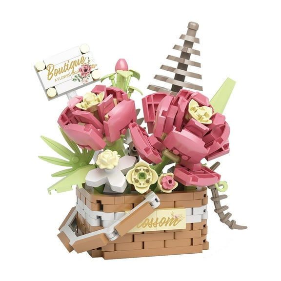 HI-REEKE Flower Basket Micro Mini Building Block Set Rose Bouquet Building Toy for Adult Multi Color