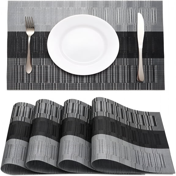 AUQ Black Placemats Set of 4 Heat-Resistant Washable Place Mats Non-Slip Vinyl Woven Table Mats Wipeable Placemat for Kitchen Dining Table Decoration Indoor Outdoor