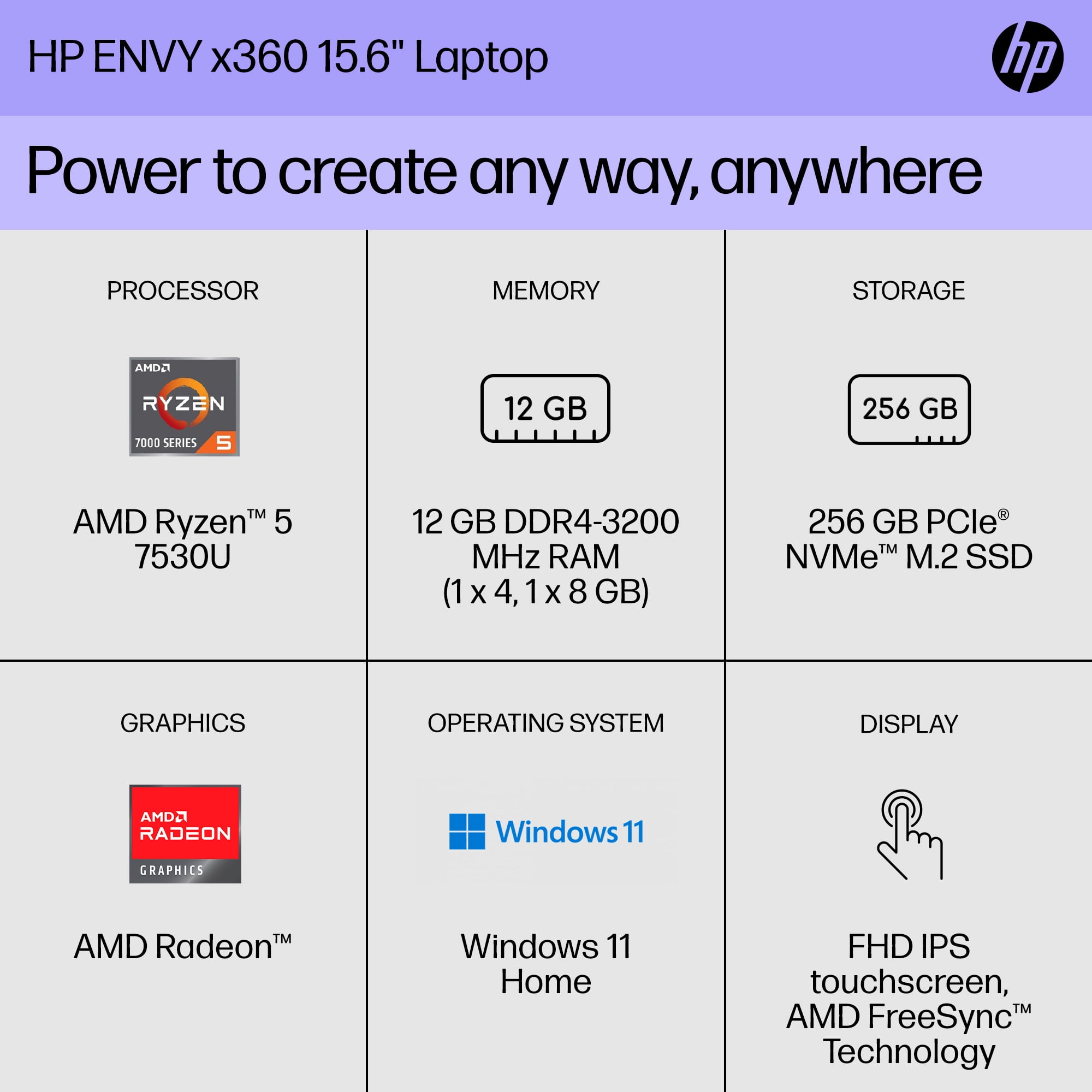 HP ENVY x360 Convertible 15.6" FDH Touch Laptop, AMD Ryzen 5, 12GB, 256GB, Windows 11, 15-ey1077wm