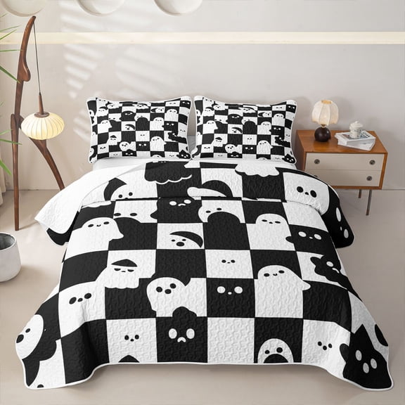 Homewish Halloween Ghost Twin Quilt Set, Spooky Animal Checkered Twin Coverlet Set, Black White, 2 Pieces 1 Bedspread and 1 Pillowcase