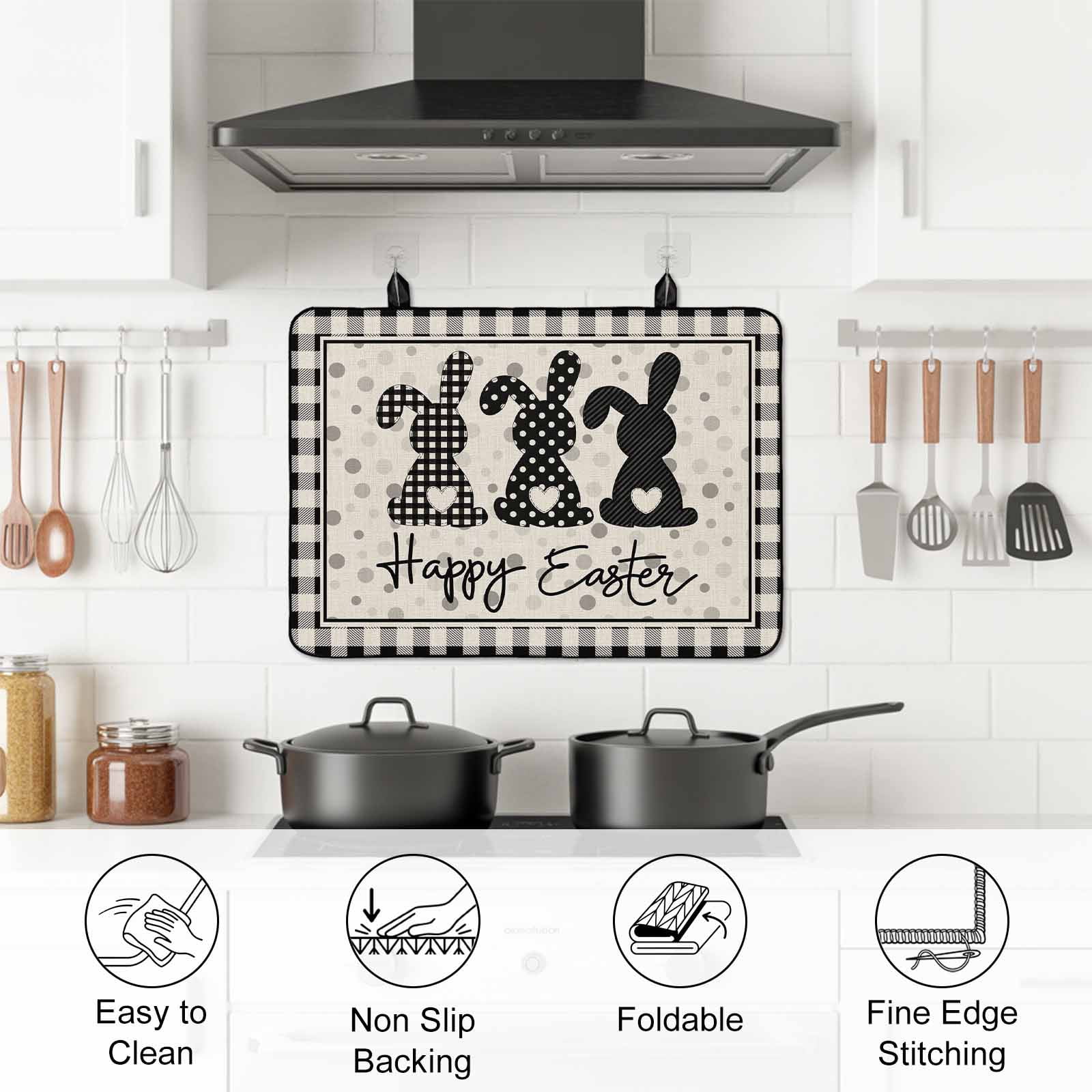 Black Grey Easter Stove Top Cover for Electric Stove,Heat-proof & Non Slip Glass Top Stove Cover Protector,Polka Dot Bunny Spring Vintage Plaid Checkered Kitchen Flat Cooktop Rubber Mat 24x21 Inches