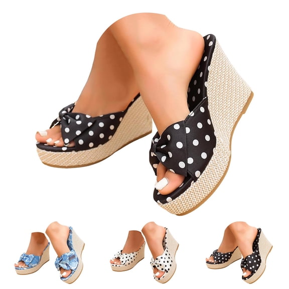 Pandaie Women Platform Wedge Sandals Open Toe Polka Dots Bow Slip on Slides 3.94 Inch Wedding Party High Heel Dress Shoes Black 6