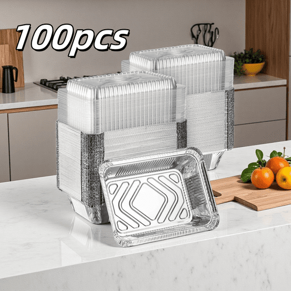 QUTETN Heavy-Duty Aluminum Foil Pans with Lids (50 Pack Trays 50 Covers) –7.5" x 5.5" Disposable Baking Containers for Roasting, Meal Prep, Catering & To-Go Food – Oven Safe Leak-Resistant Foil Trays