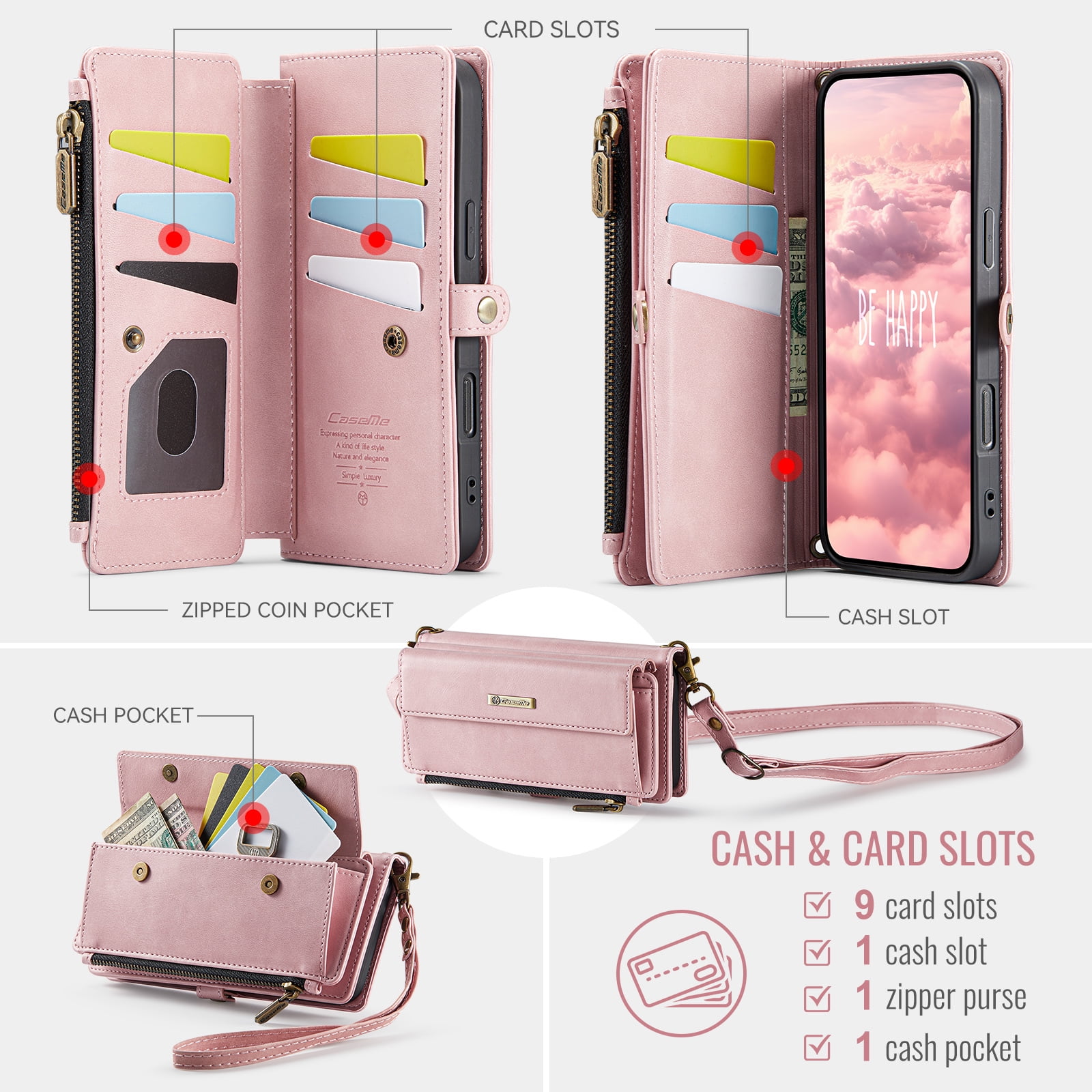 Compatible with iPhone 17 Pro Max Wallet Case, Women Men RFID Blocking PU Leather Flip Cover Zipper Pocket Card Slots Phone Case for iPhone 17 Pro Max, Wrist Strap & Crossbody Strap, Pink