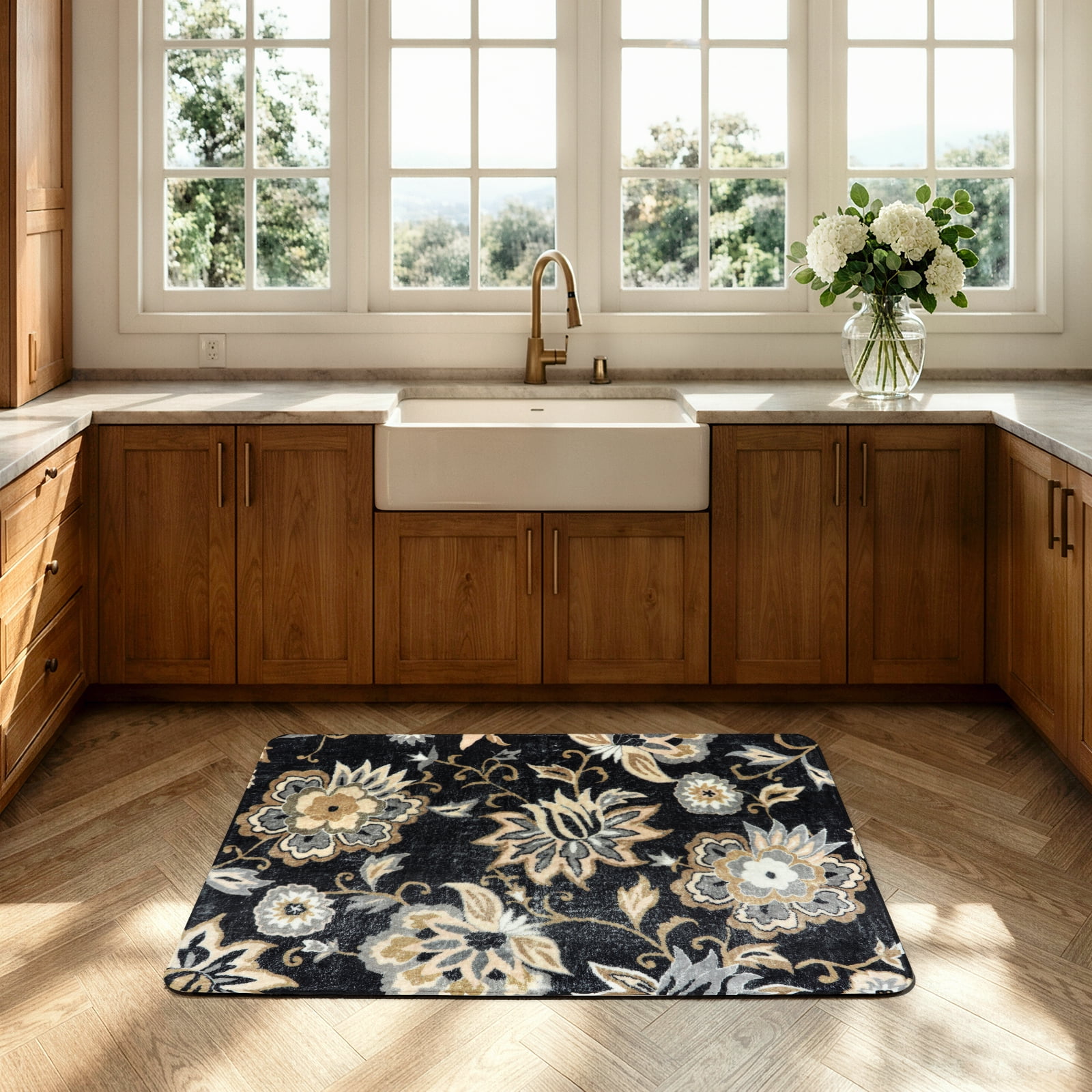 Lahome 2x3 Floral Washable Rugs for Entryway, Small Black Non Slip Bedroom Rug with Rubber Backing , Soft Ultra Thin Indoor Mat for Bathroom Kitchen