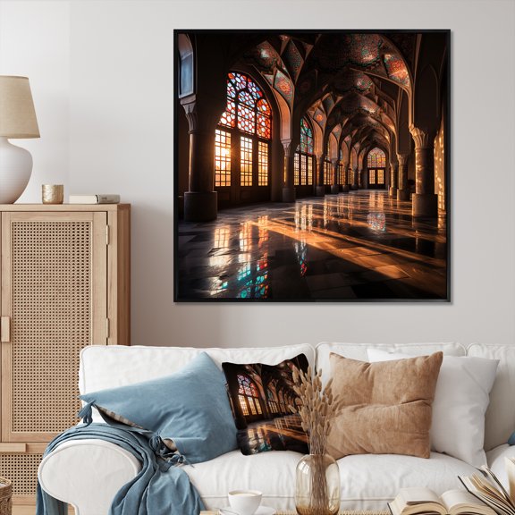 Designart "Nasir al-Mulk Mosque in Iran I" Spiritual Framed Wall Art - Global Brown Islam Bedroom Framed Canvas Wall Art
