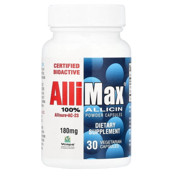 Allimax 100% Allicin Powder Capsules, 180 mg, 30 Vegetarian Capsules