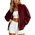 thumbnail image 6 of Smupbvky Womens Velour Zip Up Bomber Coat Stand Collar Long Sleeve Oversized Jacket Fall Winter Casual with Pockets (S, Wine), 6 of 8