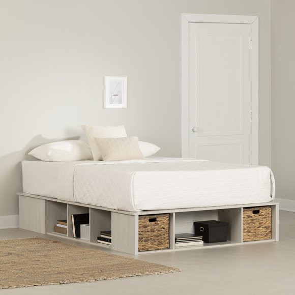 Lit avec paniers de rangement en osier inclus Double, fini Chêne hivernal, collection Versa de Meubles South Shore
