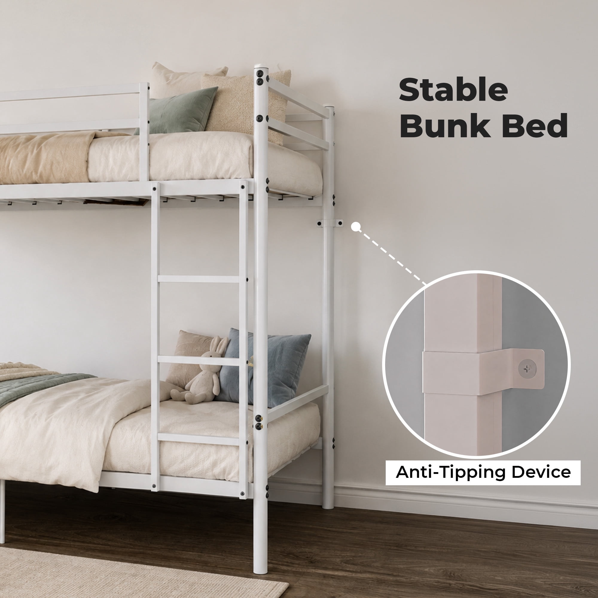 Alvantor Bunk Bed Twin over Twin, Metal Bunk Bed for Kids with Ladder and Anti-tip Bracket White