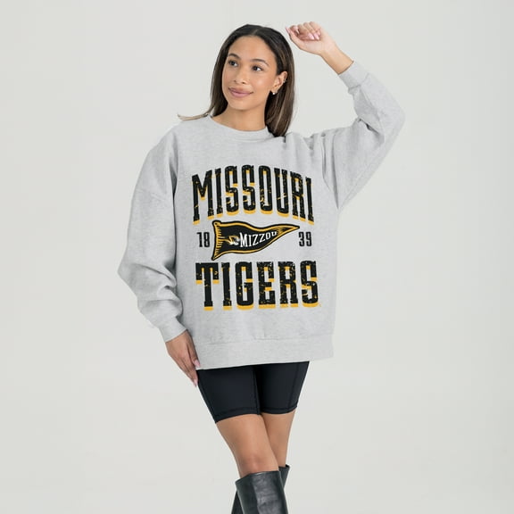 Women's Gameday Couture Ash Missouri Tigers Oversized Pennant Pride Premium Fleece Sweatshirt