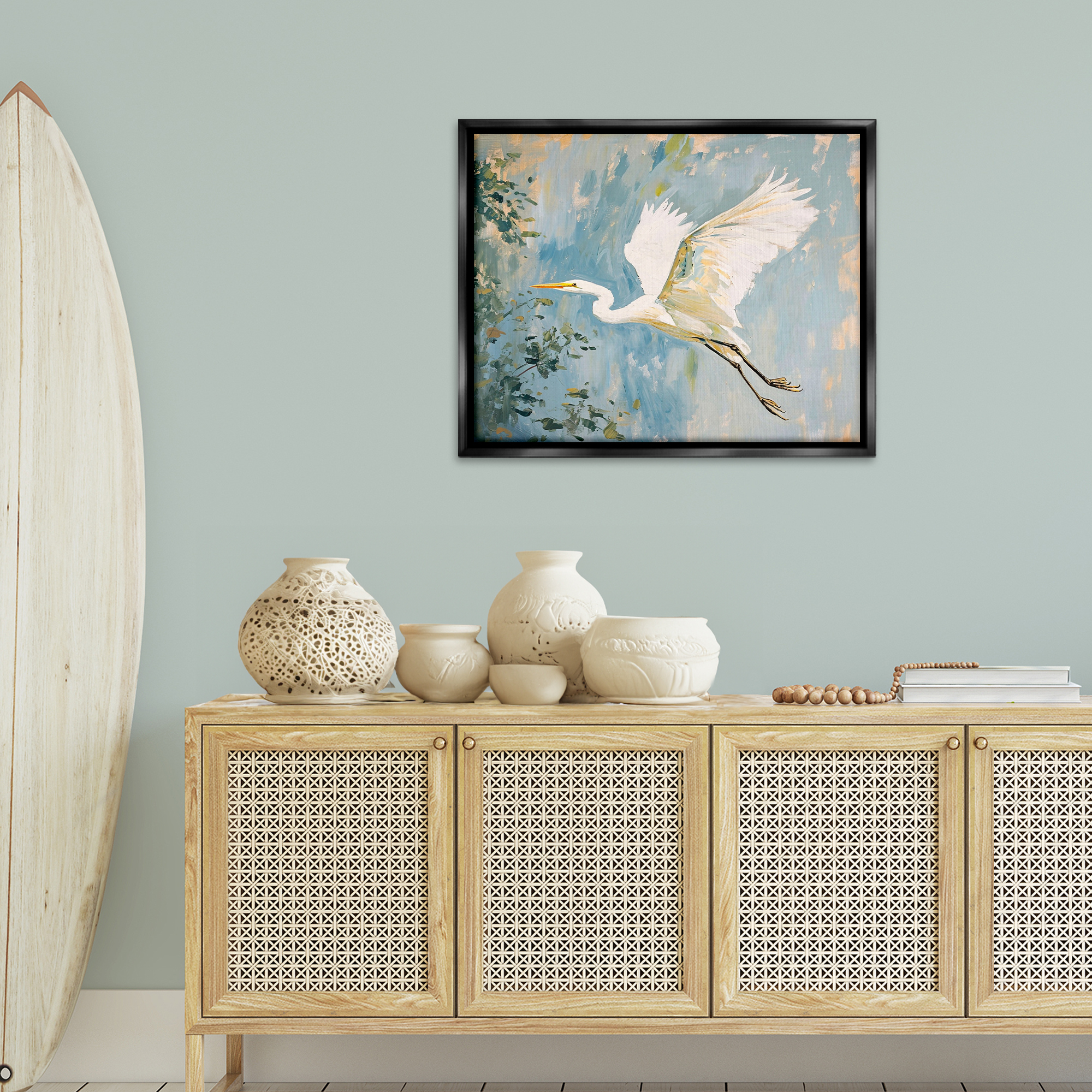 Stupell Industries White Heron in Flight Animals & Insects Painting Black Floater Framed Canvas Art Print Wall Art, 31 x 25