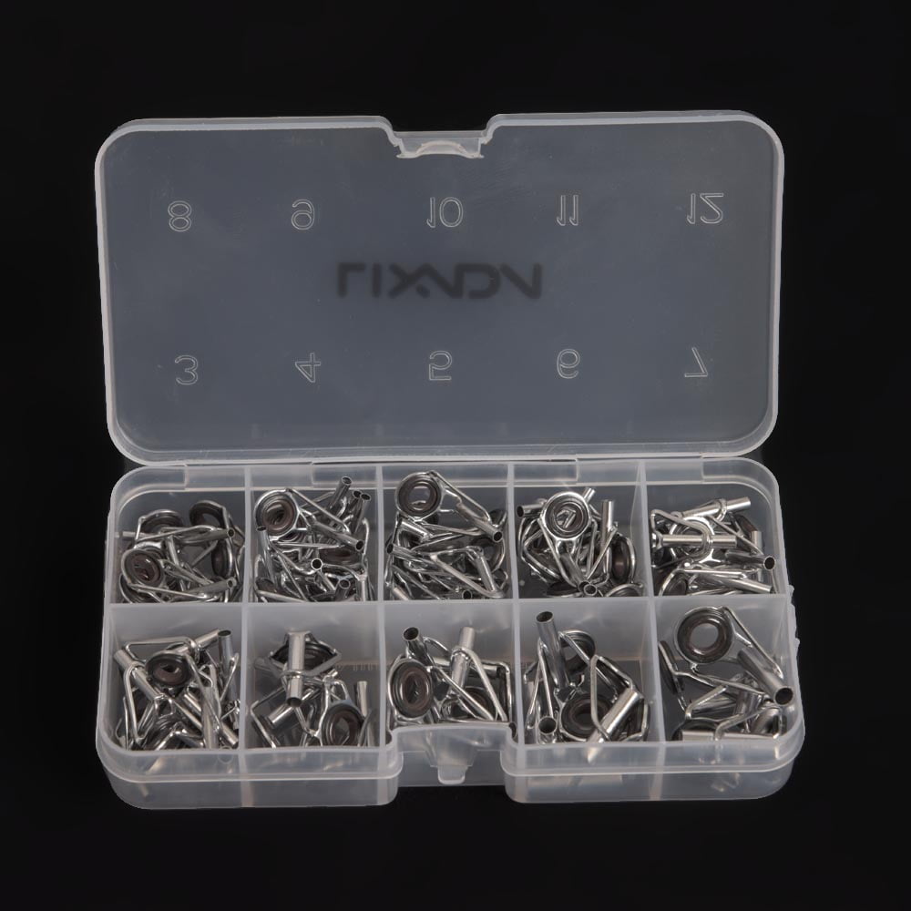 80X Fishing Rod Guides Top Tips Set Repair Kits DIY Steel Eye Rings Plastic Box 