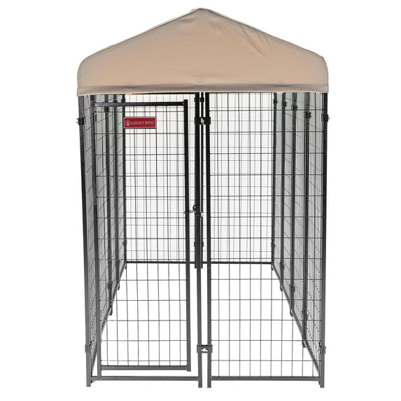 Open Box Lucky Dog 4' x 8' x 6' Roofed Steel Frame Villa Dog Kennel, Khaki