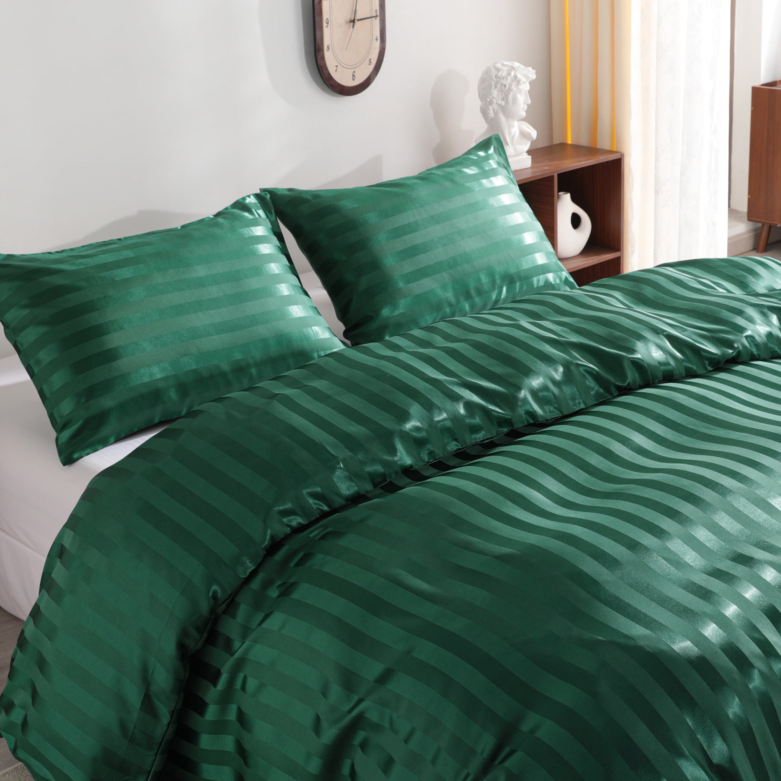 3 Pieces Silky Smooth Stripe Satin Duvet Cover Set, Luxury Duvet Cover Bedding Set, 1 Duvet Cover + 2 Pillow Cases (No Comforter), King, Dark Green