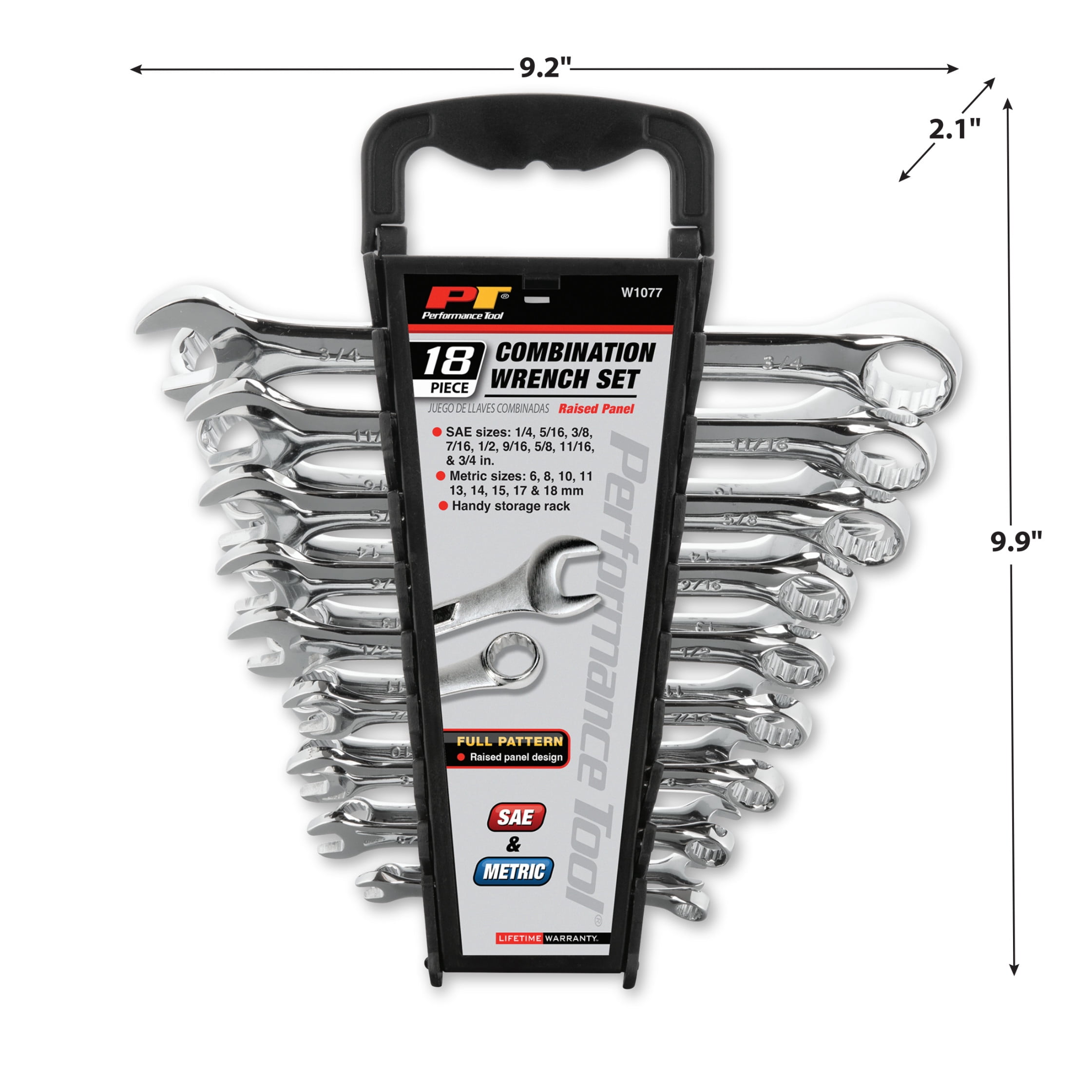 Performance Tool W1077 Combination Wrench Set - Chrome Vanadium Steel, SAE and Metric, 6-18mm, 1/4 - 3/4 inch, Mechanic Wrench Set, Automotive Repairs