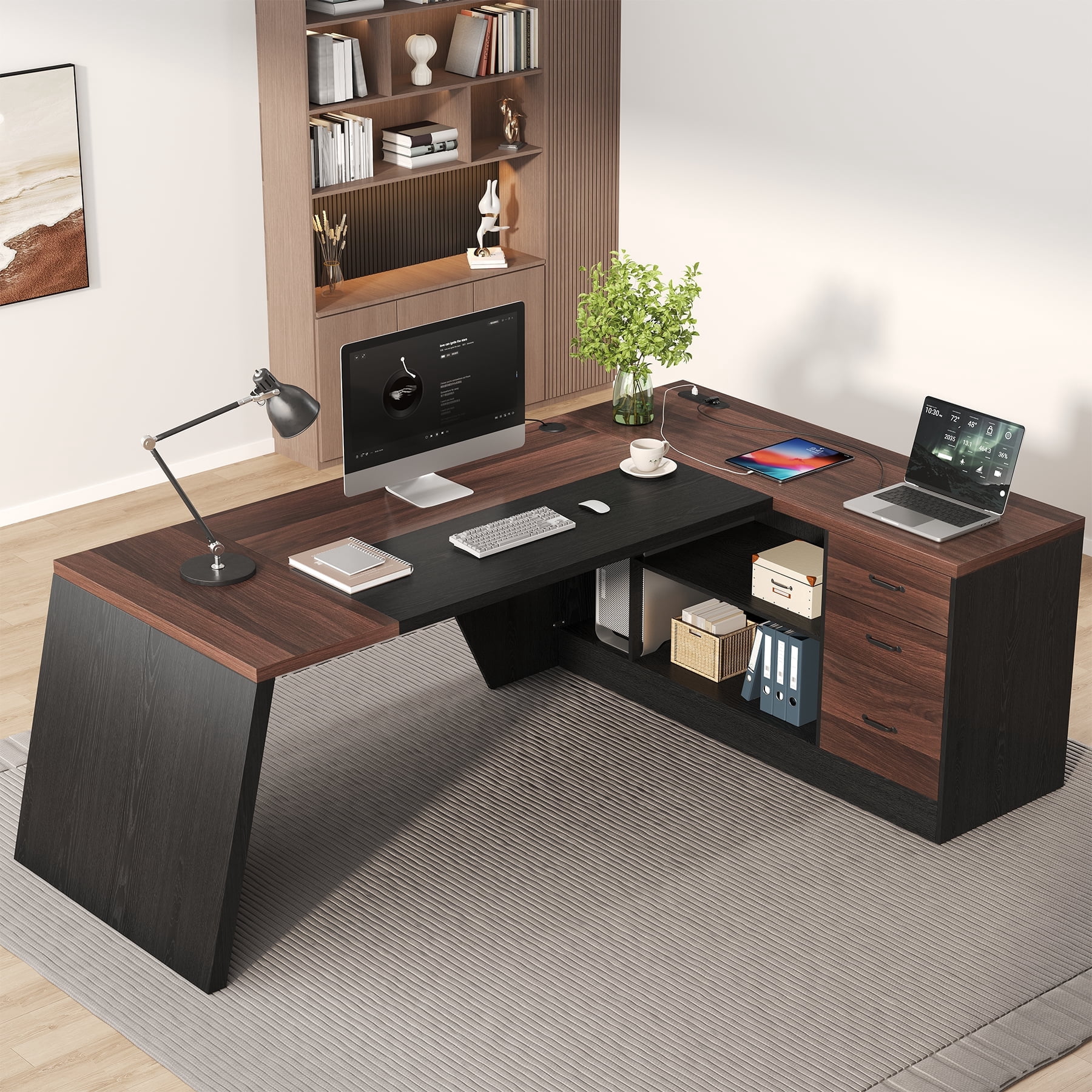 L-Shaped Executive Desk with Power Outlet, 78-Inch Large Office Desk with Storage Drawer and Lateral File Cabinet, Modern Computer Table with Open Shelf and PC Stand for Study, Brown Black