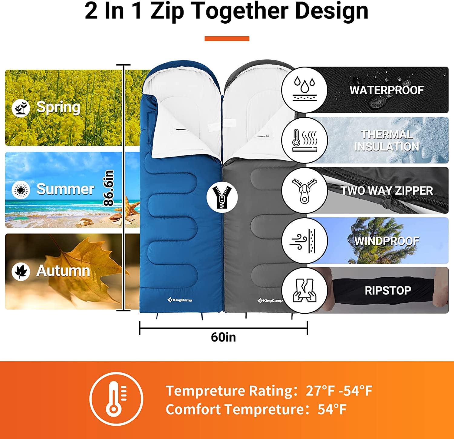 KingCamp Camping Sleeping Bag 3 Season Waterproof Lightweight Sleeping Bag for Adults(Blue,26.6℉-53.6℉) - image 3 of 7