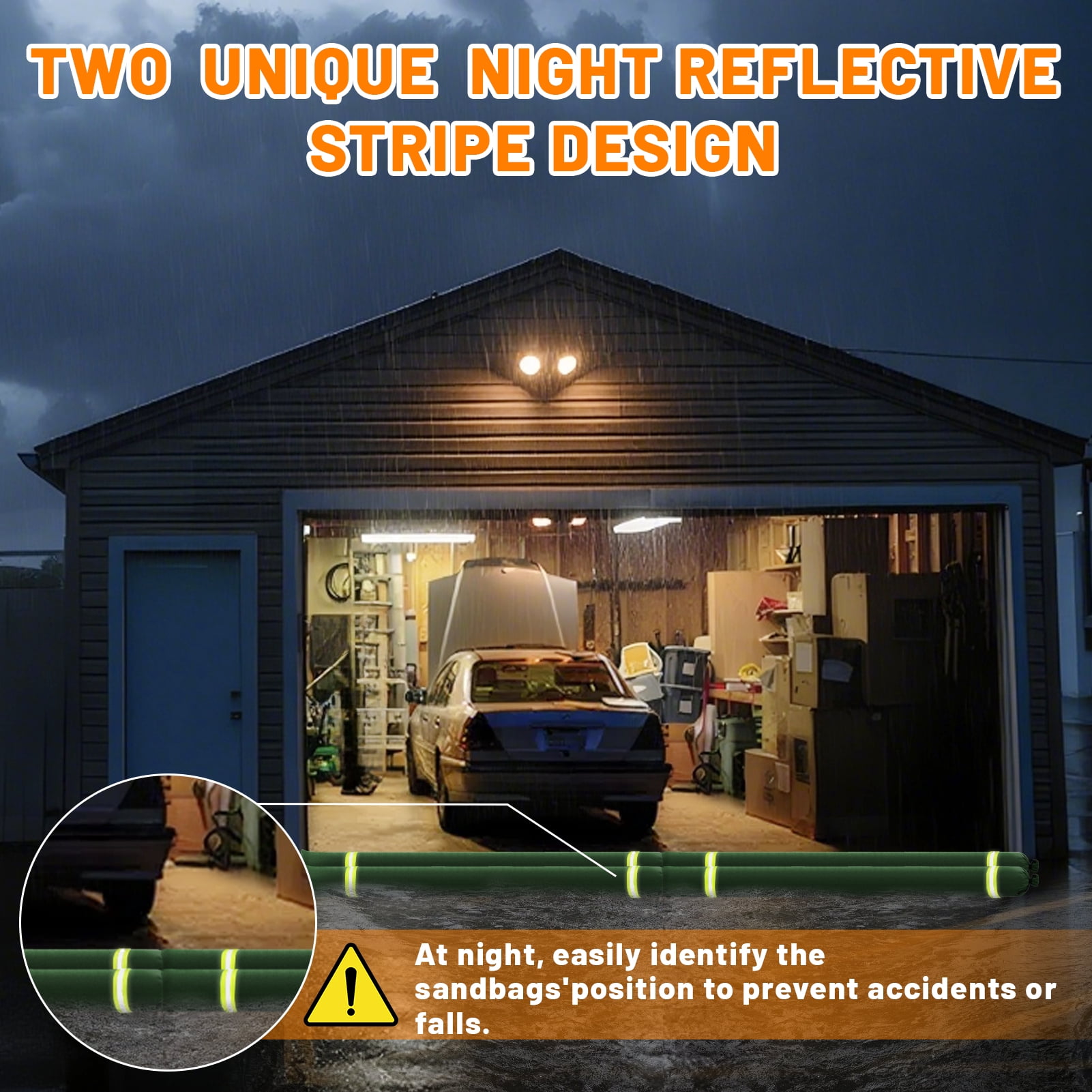 cyrico 4 Pack Long Sand Bags for Flooding, Thickened Reusable Canvas Flood Protection Sandbags with Elastic Band & Reflective Stripes, Tube Water Barriers for Door, Garage, Windows, 4Ft x 8In