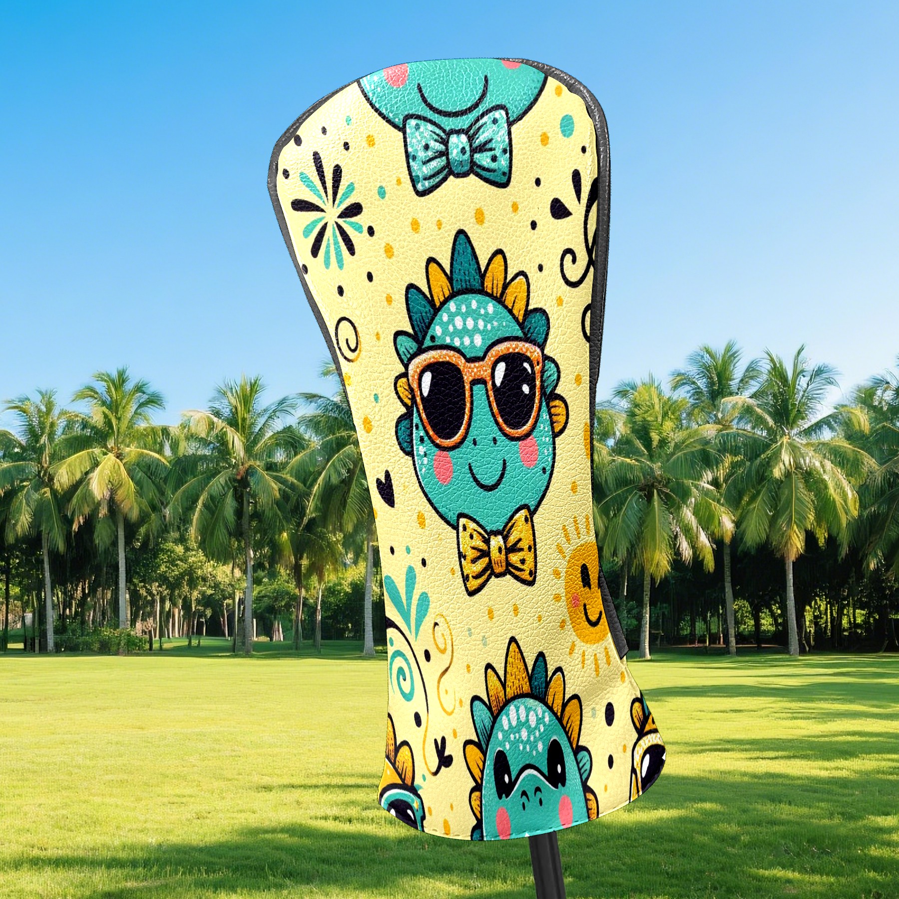 Golf Club Covers, Yellow Sunglass Dinos Premium PU Leather Driver Hybrid Putter Head Covers with Velvet Lining, Waterproof Golf Gifts for Men Women