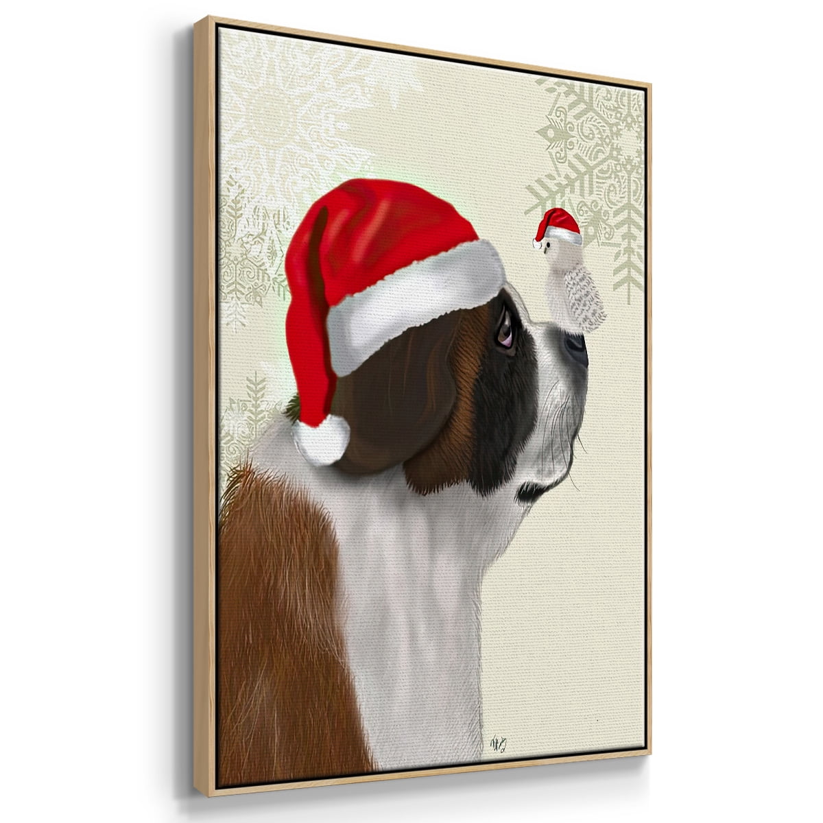Christmas St Bernard and Fluffy Owl - Framed Gallery Wrapped Holiday Canvas - 27 x 41 - Natural Wood Frame