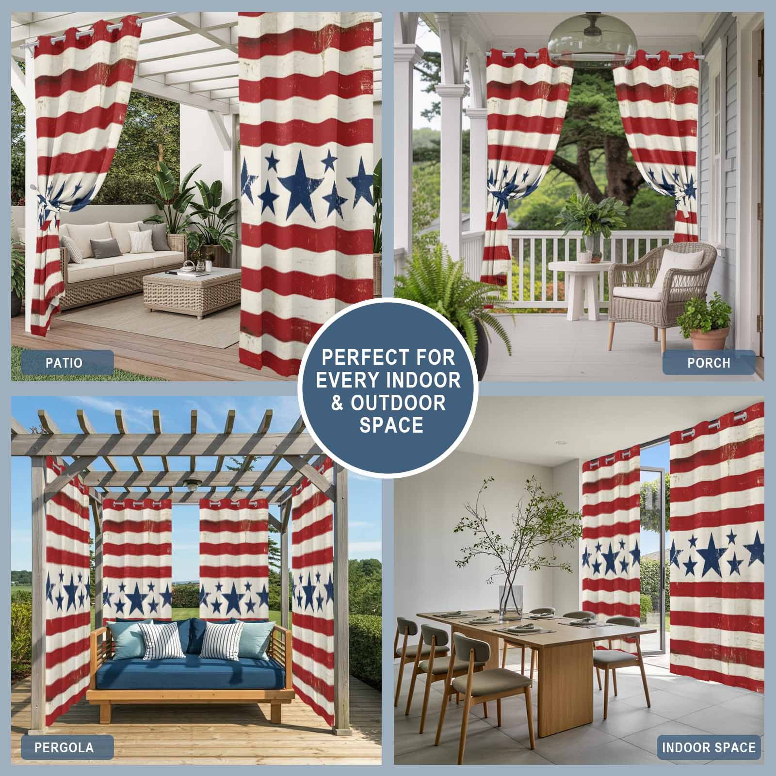 Independence Day Outdoor Curtains for Patio, Vintage Country Blue Stars Red Stripes Sunshade Privacy Drapes Grommet Waterproof Outside Curtains for Porch/Cabana/Balcony 54"x 108", 1 Panel