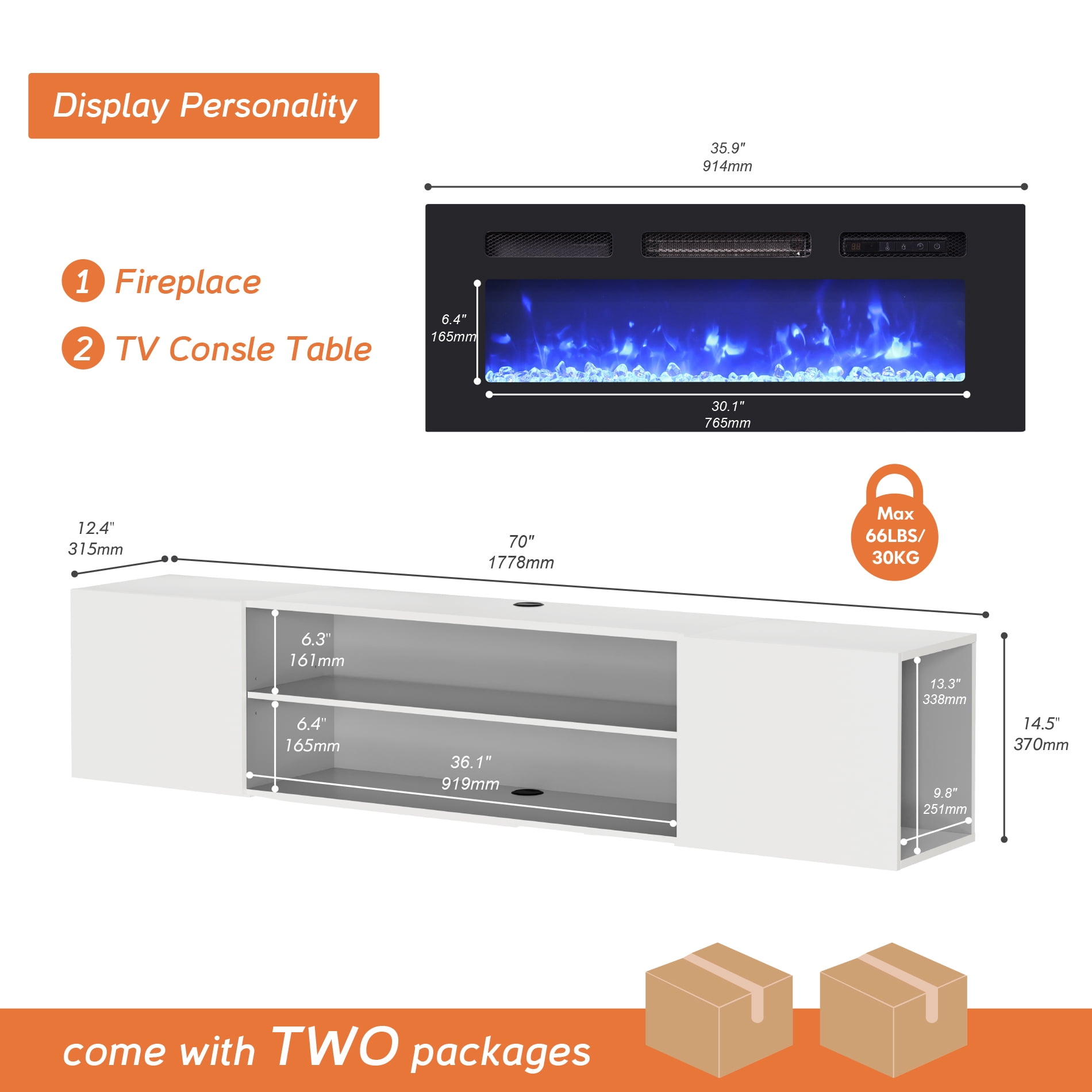 36"Fireplace Floating TV Stand with Side Storage and Yellow Light for TVs up to 80inch
