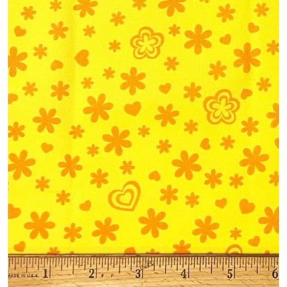 1/2 Yard - Trolls Orange Retro Flowers & Hearts on Yellow Cotton Fabric (Great for Quilting, Sewing, Craft Projects, Throw Pillows & More) 1/2 Yard X 44" Wide