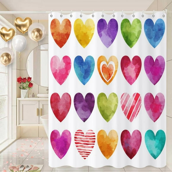 Valentine''s Day Shower Curtain, Watercolor Colorful Heart Love Theme Girly Bathroom Curtain Waterproof Fabric Machine Washable with Hooks, 72" Wx84 L