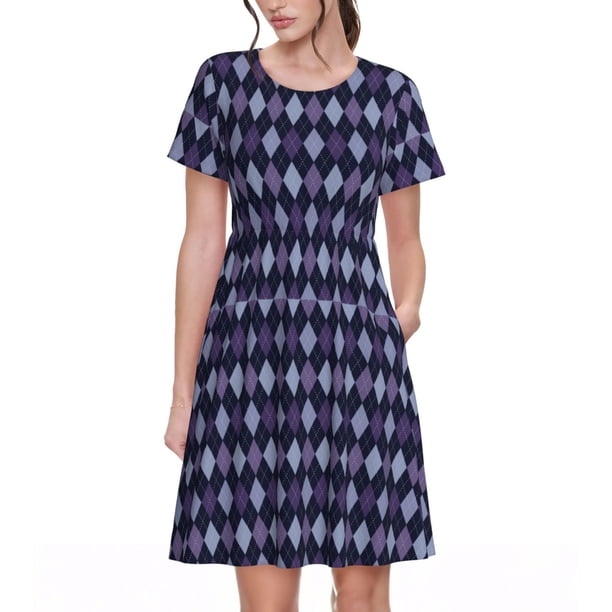 Easygdp Purple and Blue Squares para Vestido Transpirable de Mujer, Vestido Suelto de Manga Corta con Pliegues y Bolsillos para el Verano