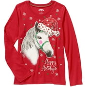Girls Red Glitter Santa Horse Christmas T-Shirt Happy s Tee